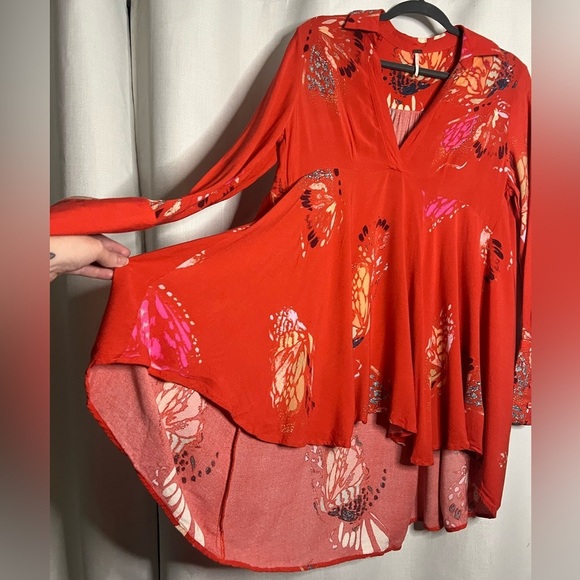 Free People Red Field Of Butterflies Long Sleeve Collared Tunic Small - Picture 8 of 10